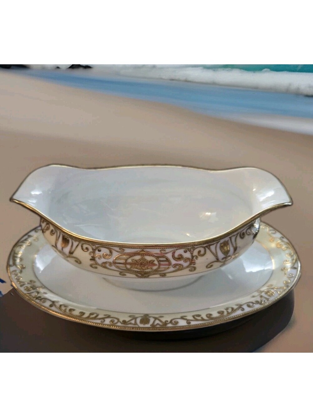 Vintage Noritake Japan "Christmas Ball 175" Bone China Gravy Boat 22K Gold Trim